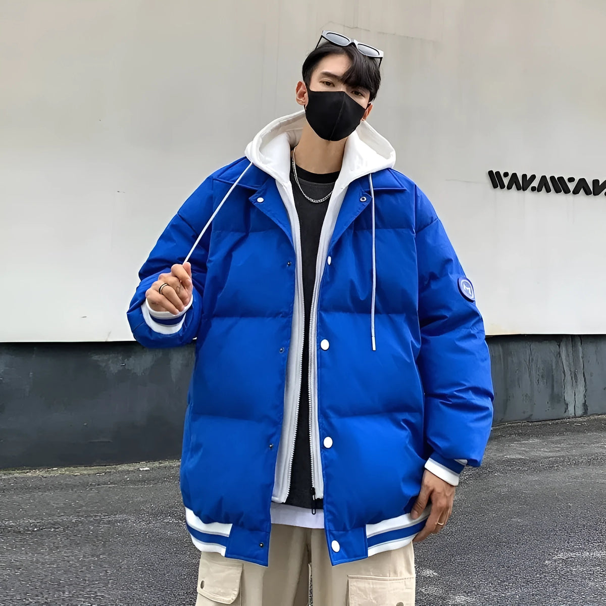New white duck down thickened warm couple coat in white with polyester shell and connecting casing design