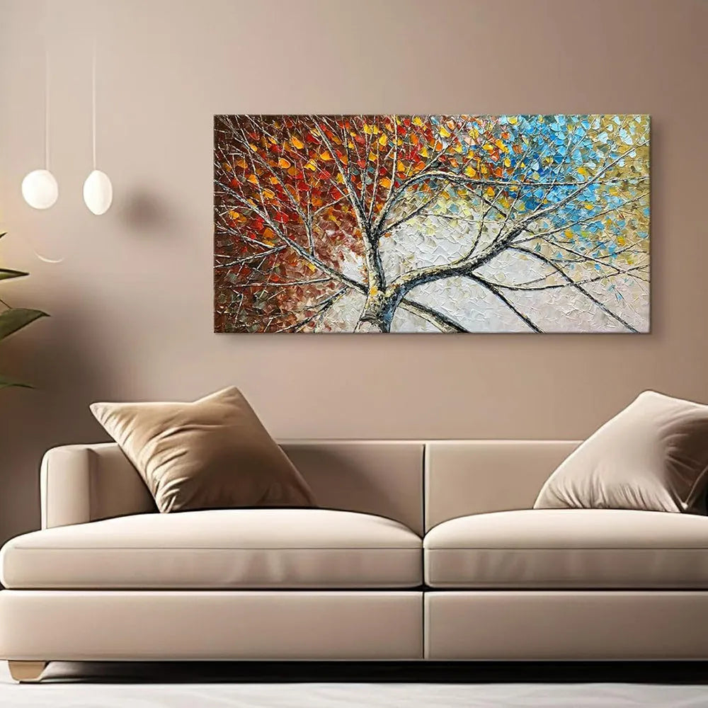 Handpainted palette knife oil painting of a modern abstract fortune tree landscape on canvas