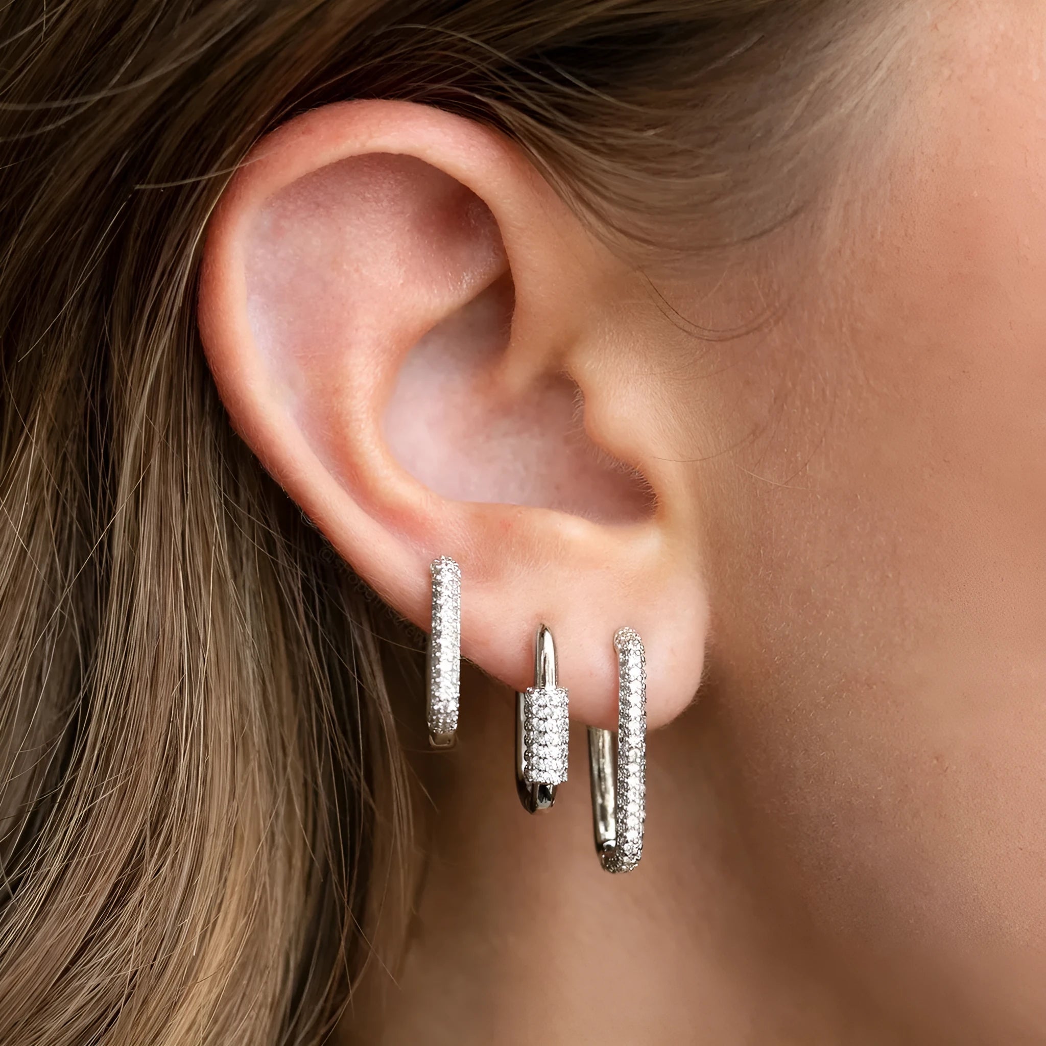 Set of three geometric zircon ear clips in gold and white finishes with square European style
