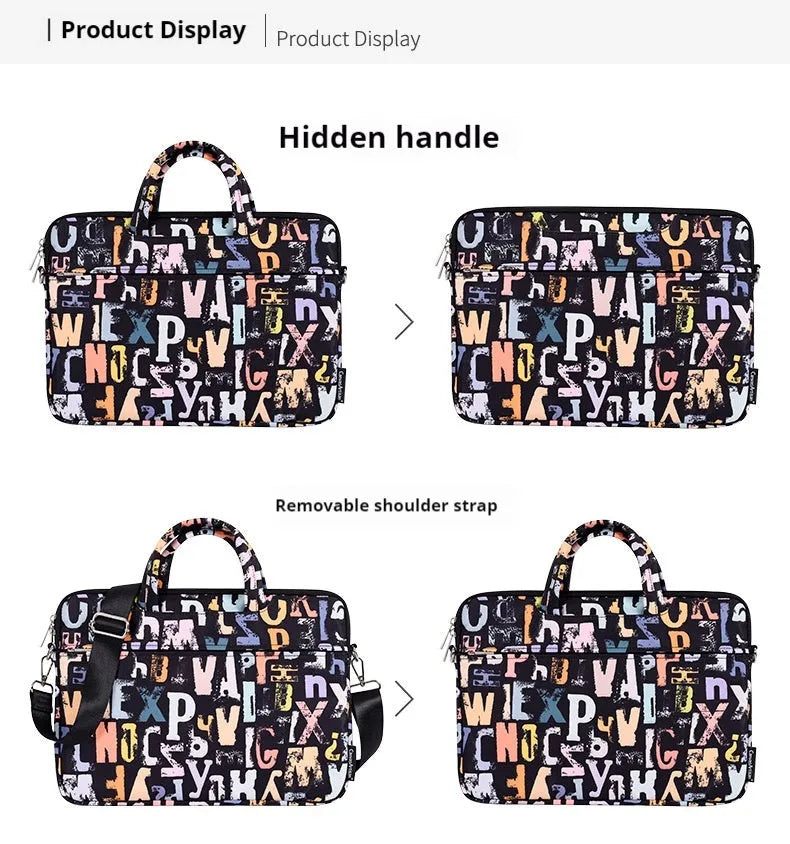 Black polyester laptop tablet bag with printed letter pattern, 13 inch size, waterproof anti-seismic unisex carrying case