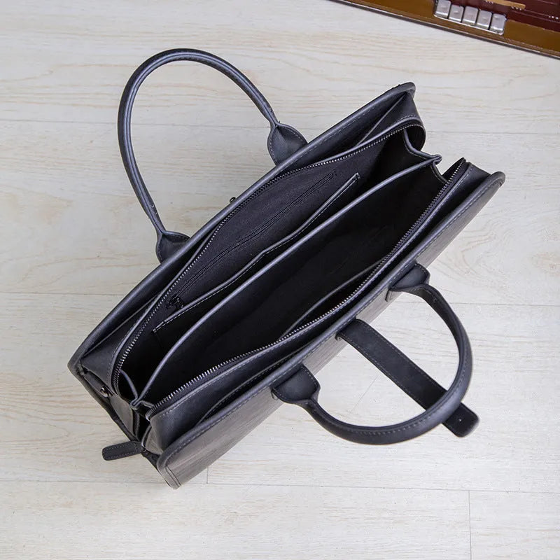 Men's dark gray waterproof PU business briefcase with rivet details, 41 cm wide, 30 cm high, 9 cm thick