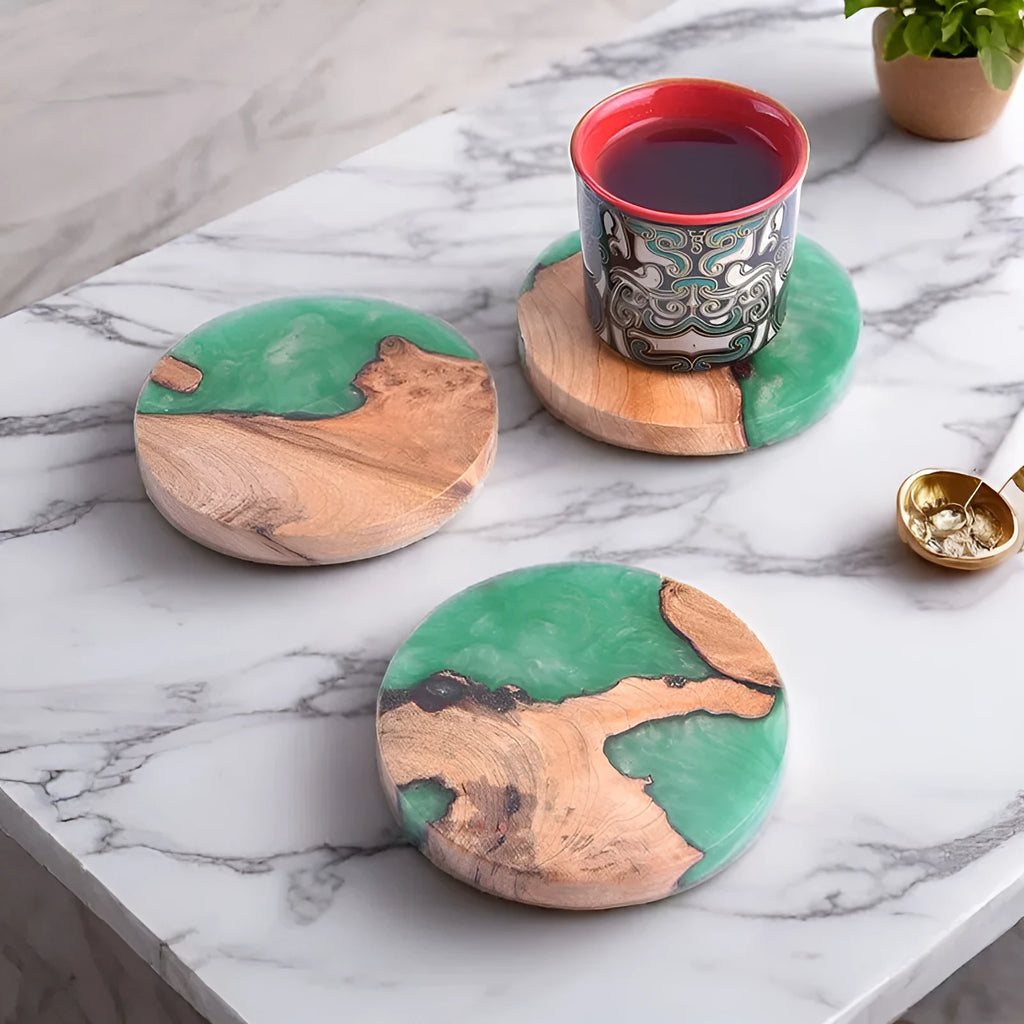 Nordic style wooden resin coaster in solid colour with tumour pattern.