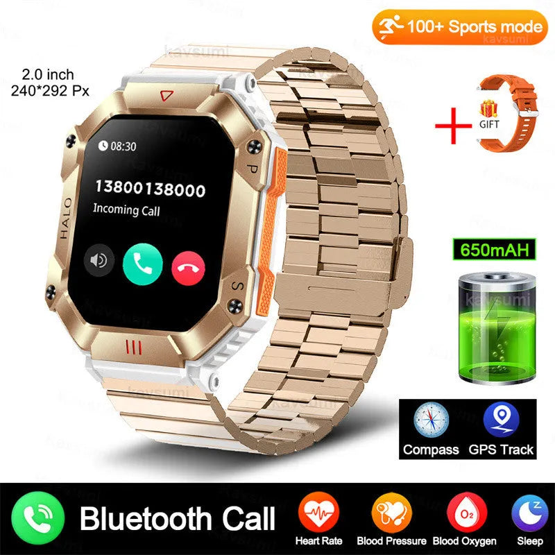 Android GPS smart watch with Bluetooth call on wrist, showing resin dial and titanium alloy case with optional leather strap.