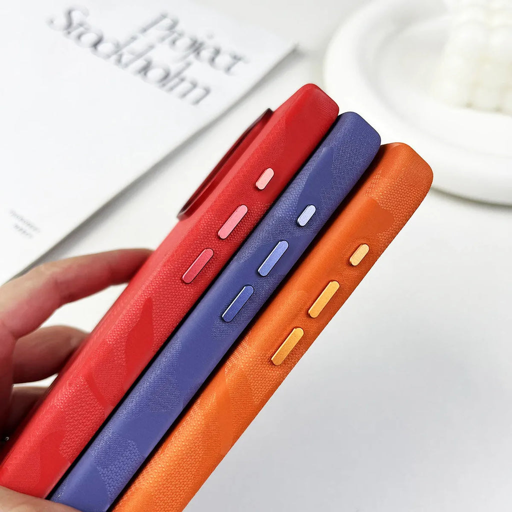 Leather camouflage magnetic phone case for iPhone in Emma Orange colour, shockproof and anti-fall protection
