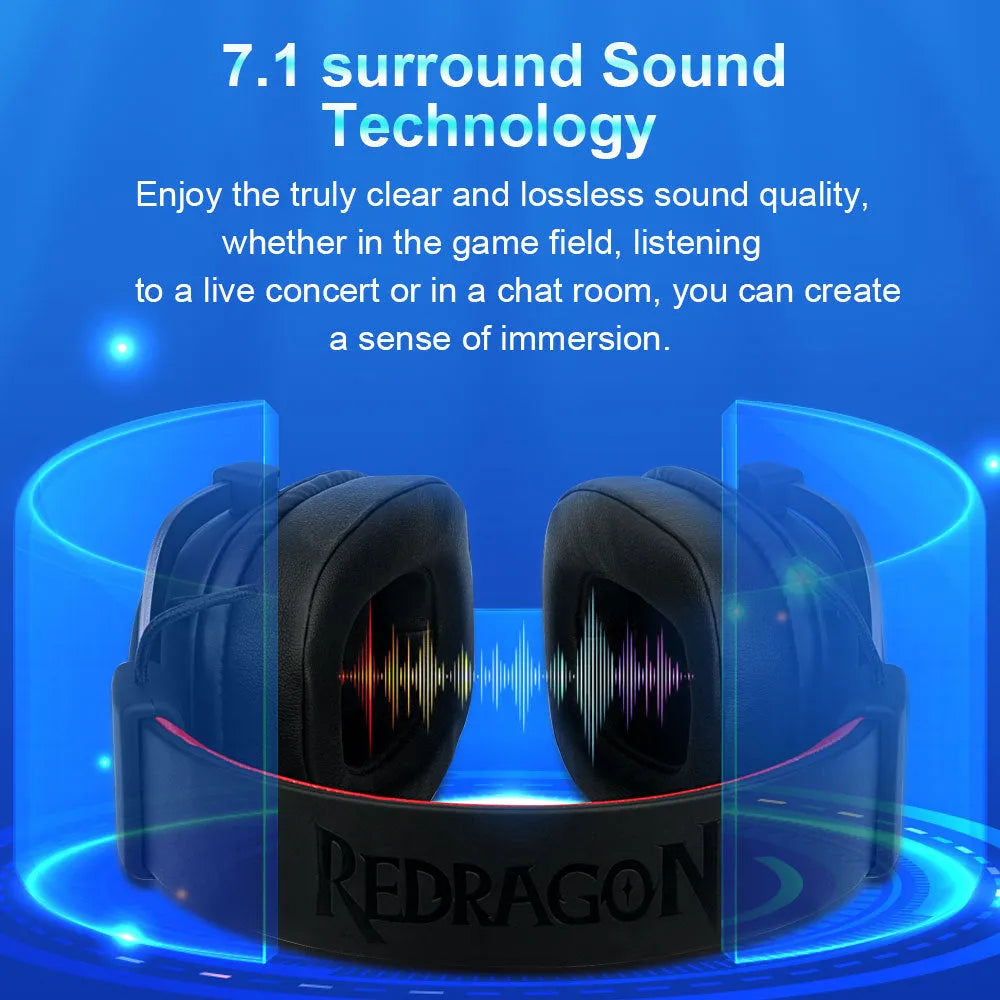 Black H710 gaming headphones with 7.1 USB, 50mm drivers, active noise reduction, and 2m braided cable