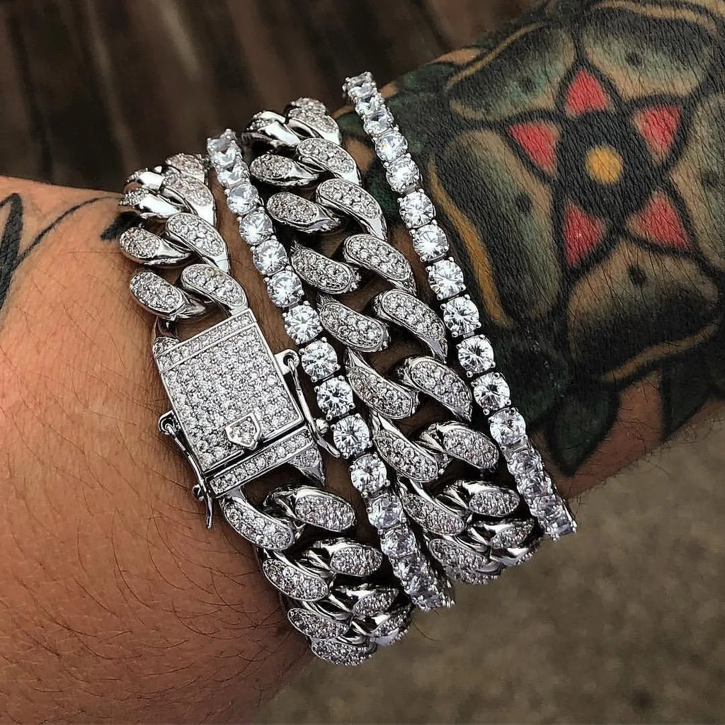 Cuban link bracelet, alloy chain with platinum inlaid gem, 21cm unisex hip hop jewellery in gold or silver