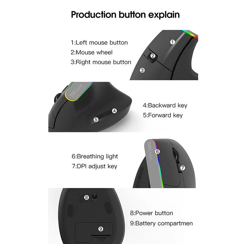 M618C black and white vertical ergonomic wireless mouse with RGB lighting and six buttons shown from the side.