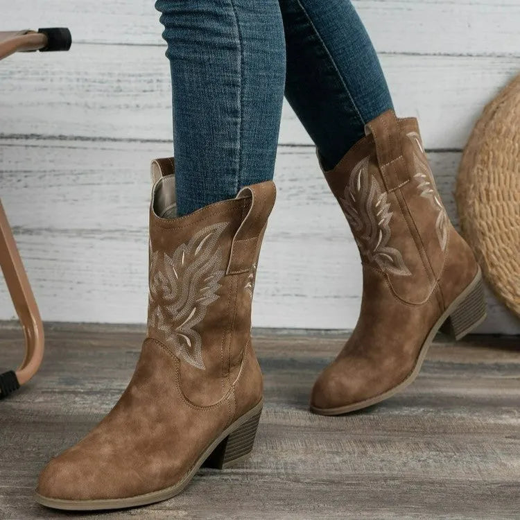 Women's V cut embroidered sleeve mid heel boots in suede, mid-calf length, rubber sole, Camel colour