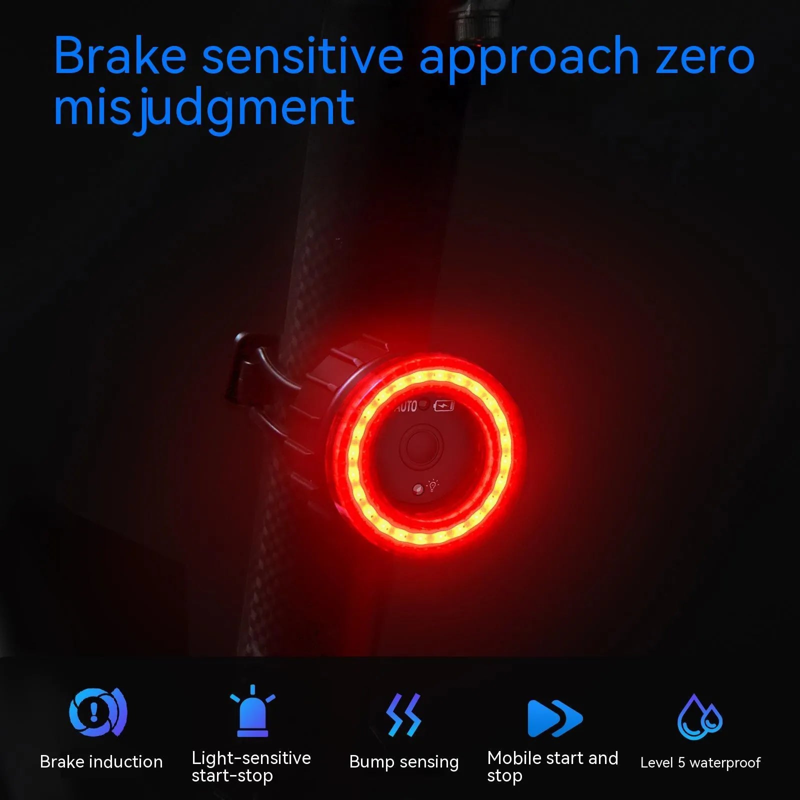 Black intelligent induction brake taillight for bicycles with aluminium alloy construction and two mounting brackets.