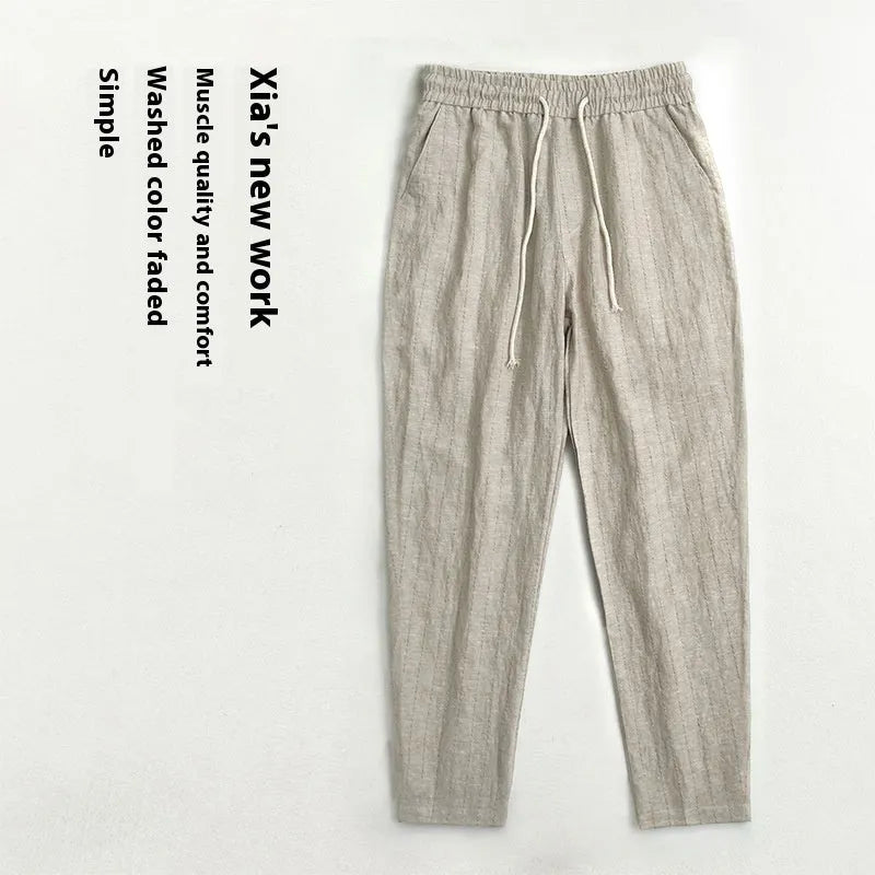 Men's lightweight cropped linen-cotton trousers in a striped pattern, shown in khaki colour.