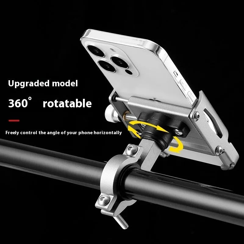 Aluminium alloy mobile phone holder mounted on a bicycle handlebar.