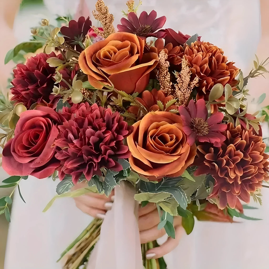 Autumn hydrangea bridal bouquet in silk flower with rose dried flower look, available in brown pink white Champagne
