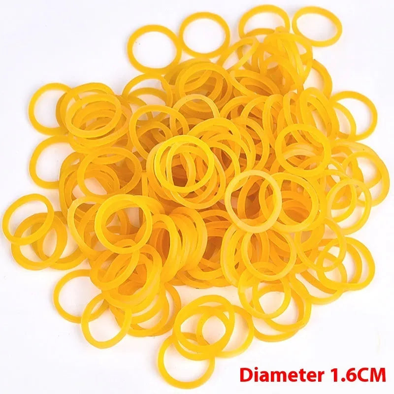 500g pack of yellow rubber bands showing assorted sizes from small to large diameters