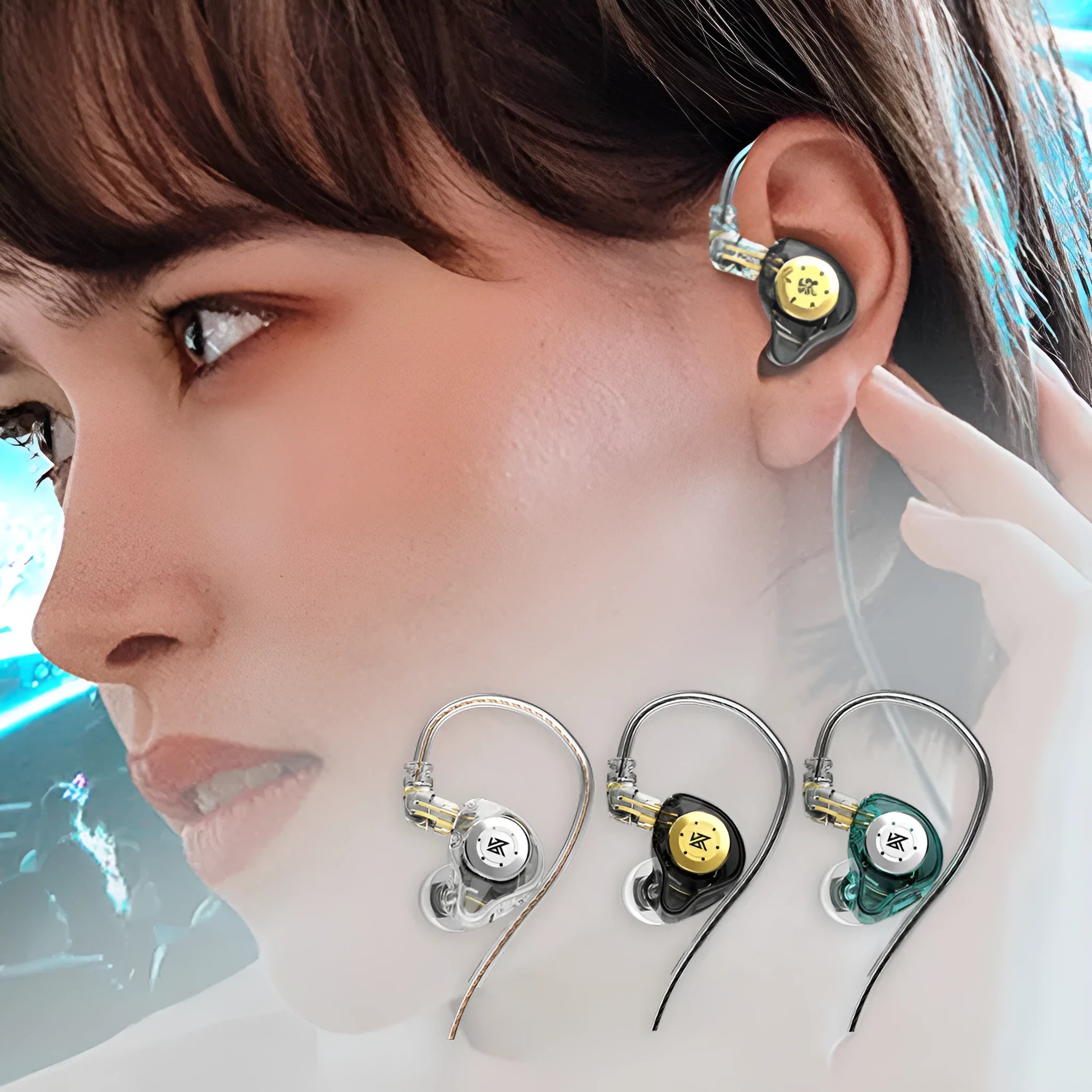 KZ EDX Pro wired bass earphones in Transparent Cyan with standard cable, showing resin shell and eartip