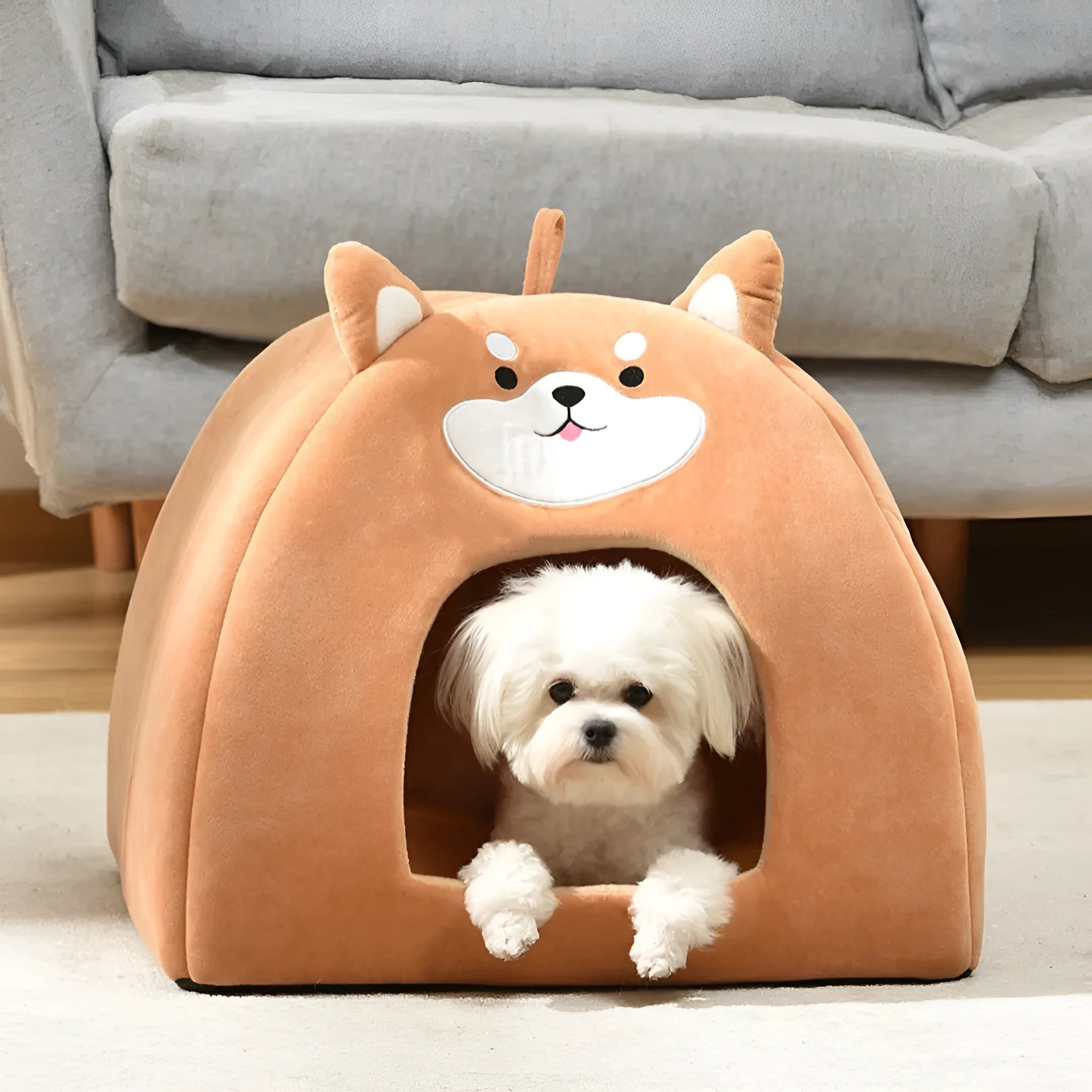 A cage-style cloth cat bed suitable for autumn and winter, shown in available S, M, and L sizes.