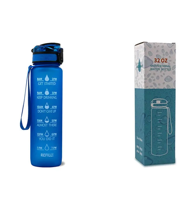 Blue and red gradient 1 litre Tritan sports water bottle with time markers and a black flip-top lid.