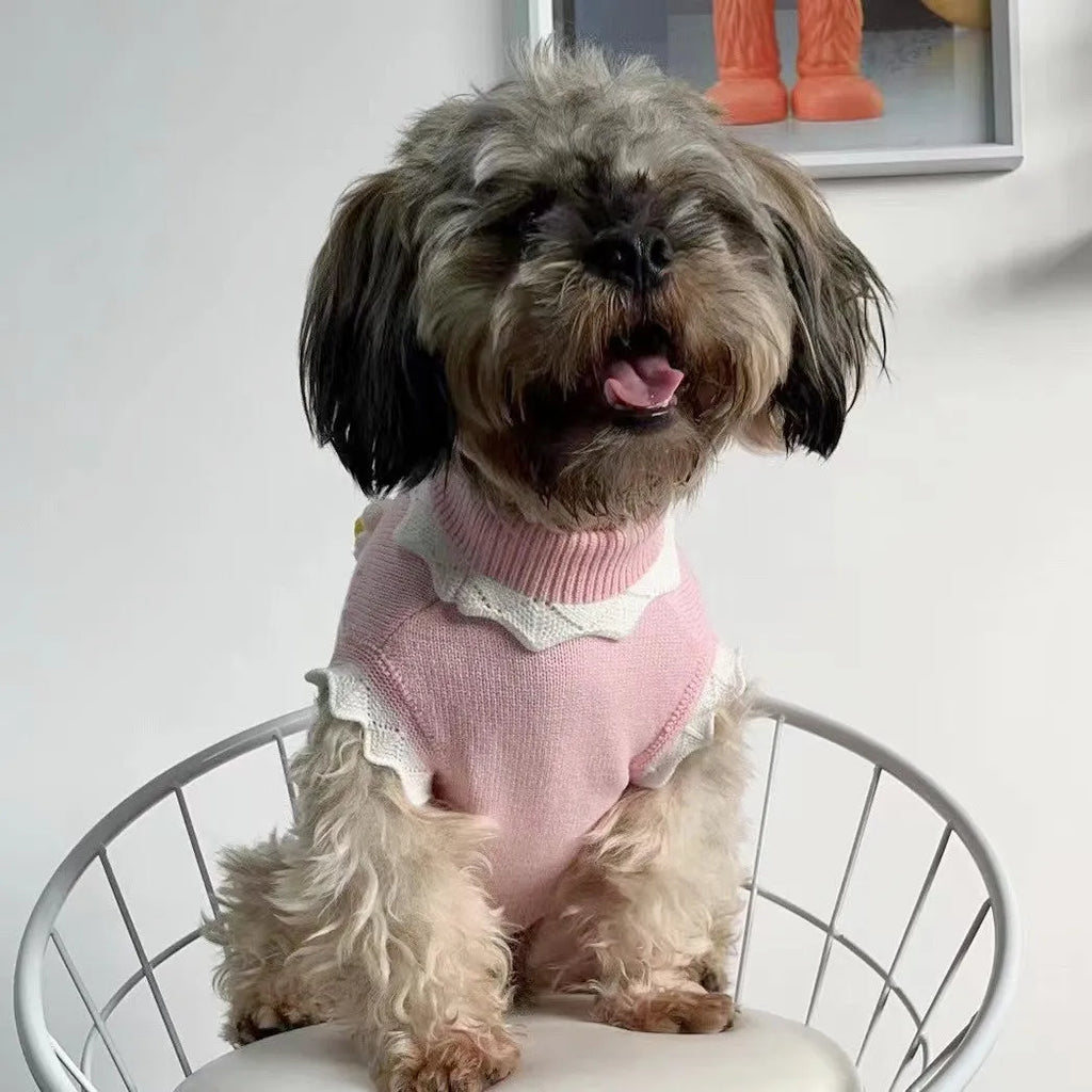 Green flower blossom pattern dog sweater shown on a small pet, with a size chart for XS to XL visible.