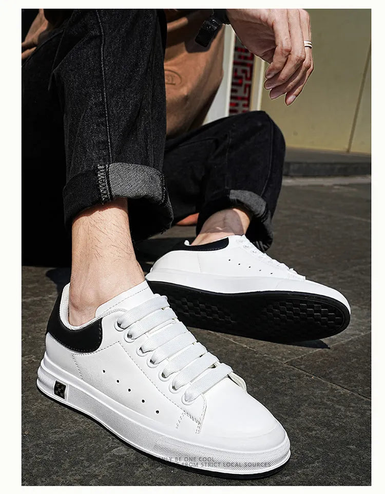 Men's height increasing leisure sneakers, black, 6cm hidden elevator, round toe, lace-up front
