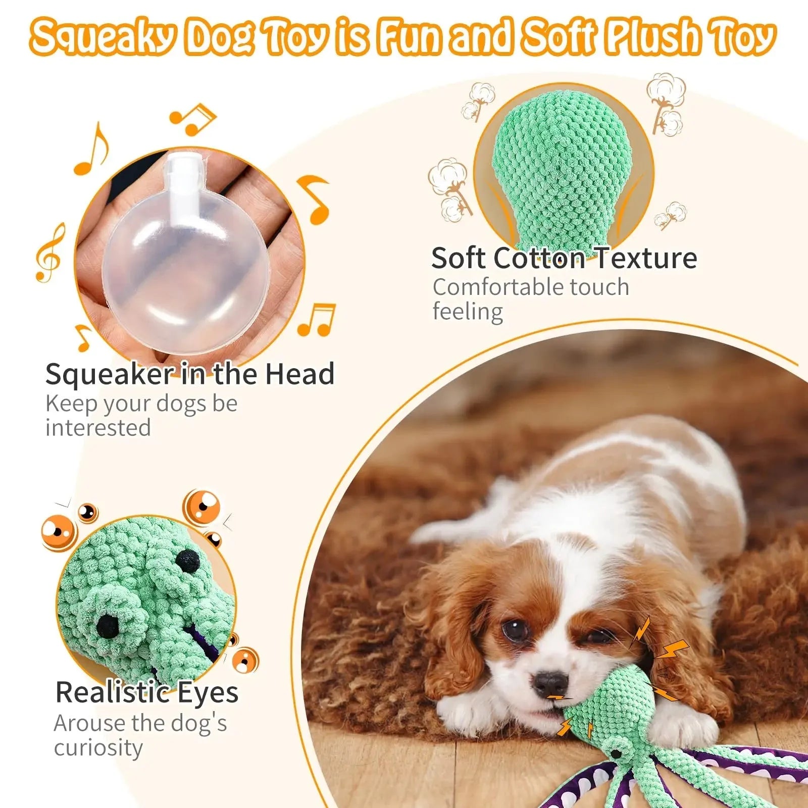 Blue plush squeaky dog toy with six long legs and cartoon design.