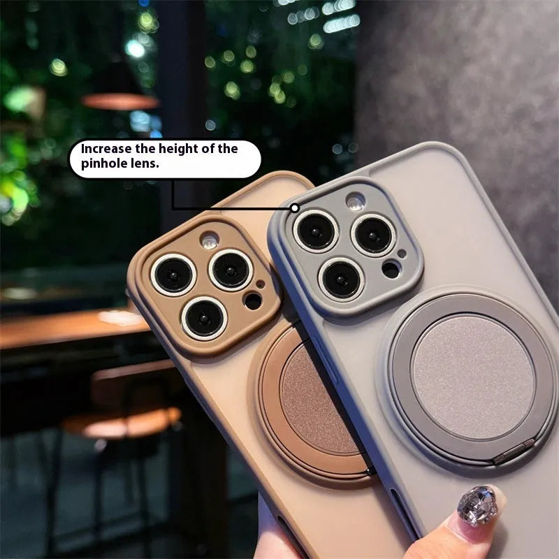Frosted magnetic rotating bracket phone case for iPhone 17 shown in desert gold colour with bracket extended