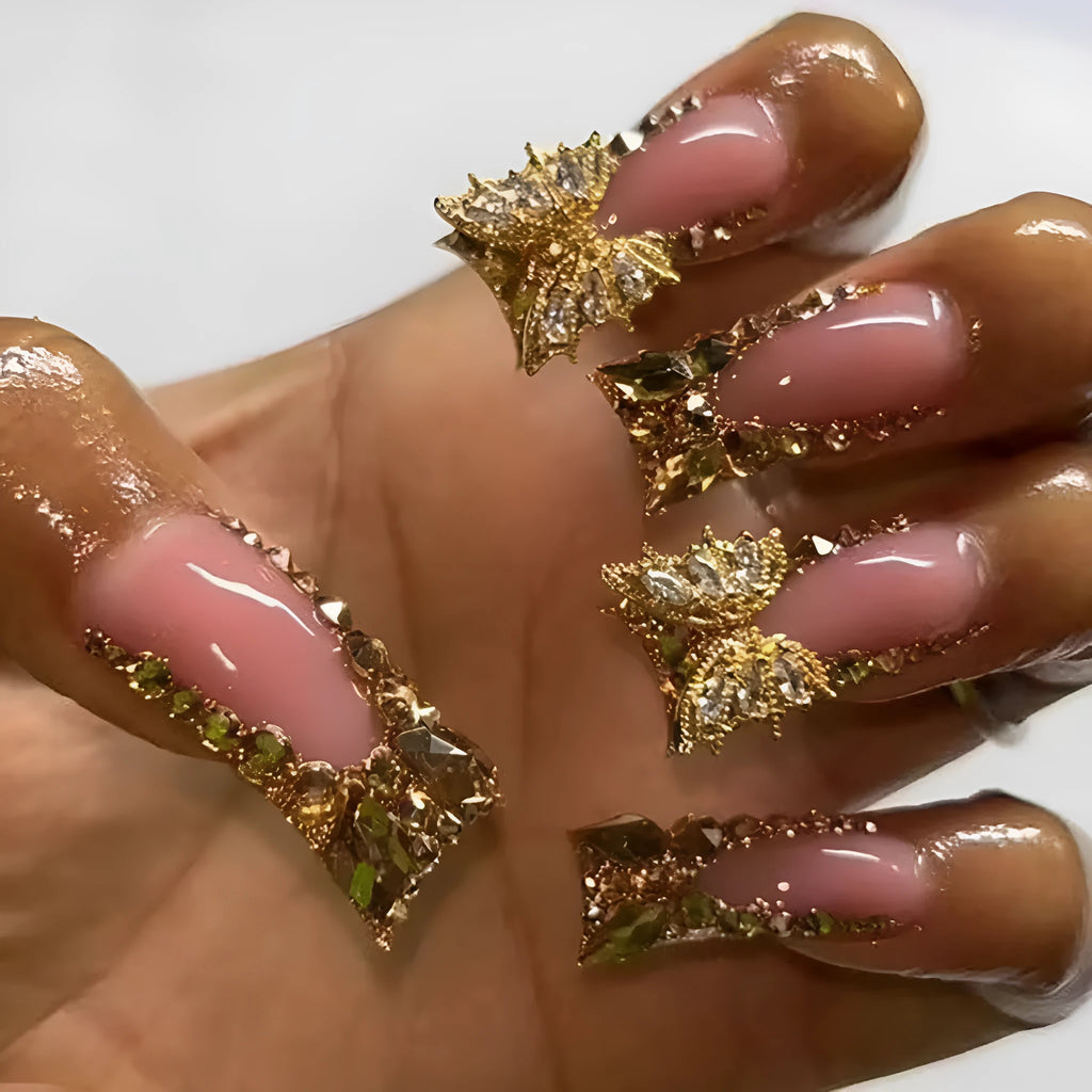 Golden diamond and butterfly debris nail stickers in colour D34 with jelly glue