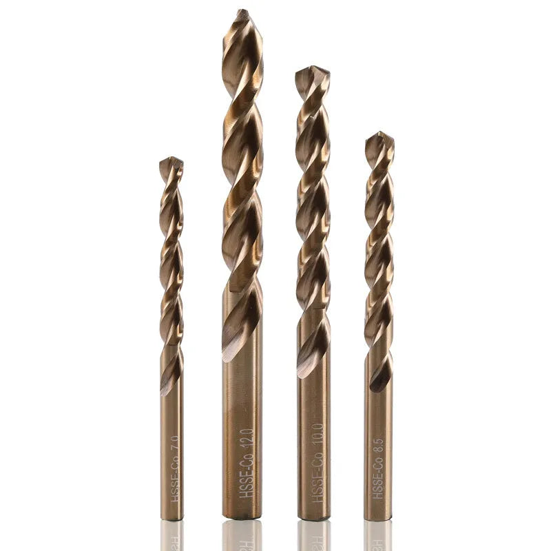 Stainless steel straight shank drill bit set with sizes from 1mm to 10mm for metal and wood drilling.