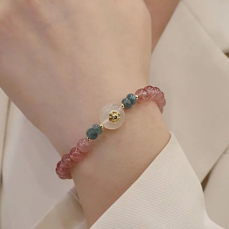 Women's strawberry quartz bracelet with blue water emerald round jade pendant, geometric diamond design with Ruyi and peace buckle elements