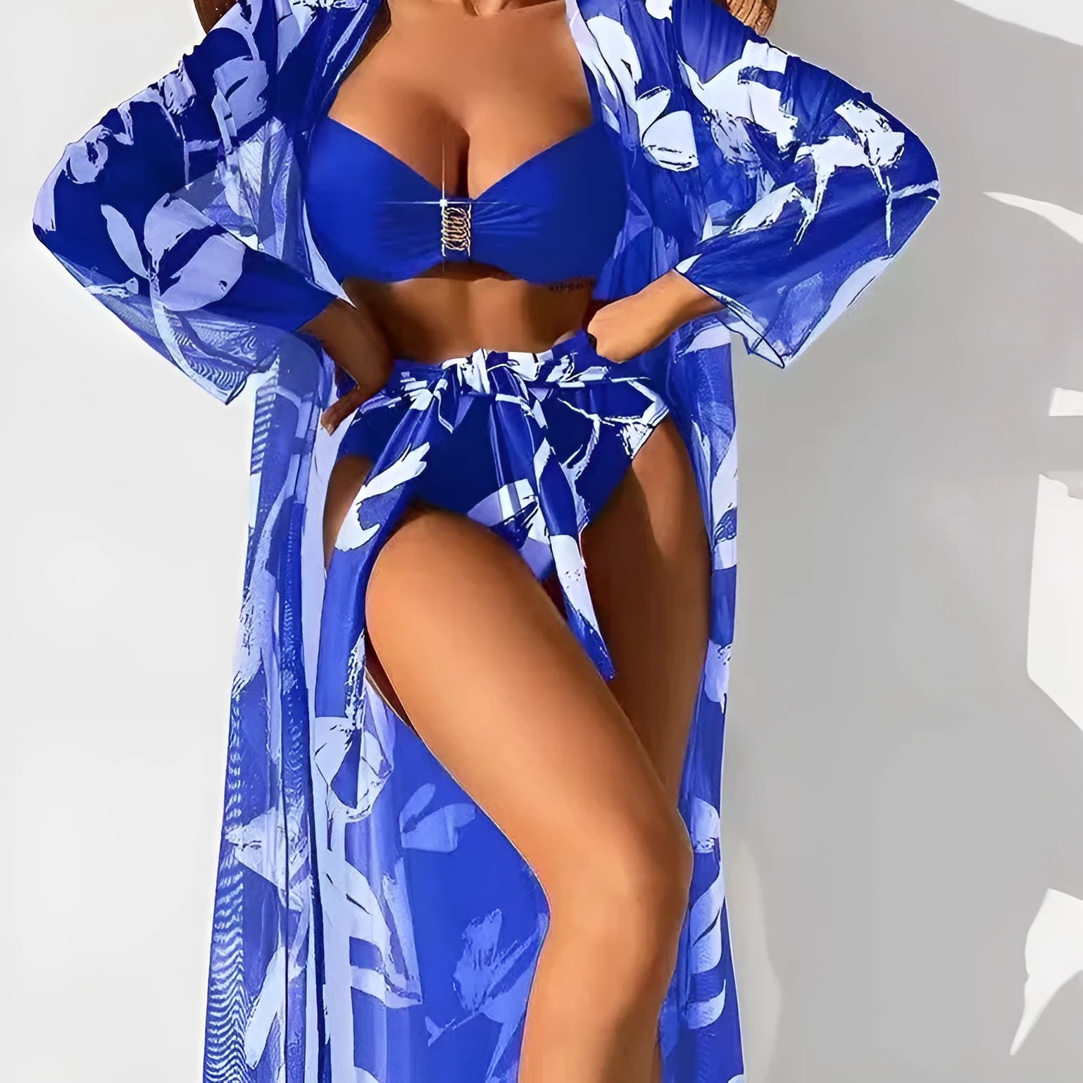 Women's Long Shirt High Waist Swimsuit Split Bikini Three Piece Set Sexy European American Style Black Peacock Blue Fluorescent Green Red Sapphire Blue Yellow S M L XL Polyester Adult Swimming and Wading Swimwear