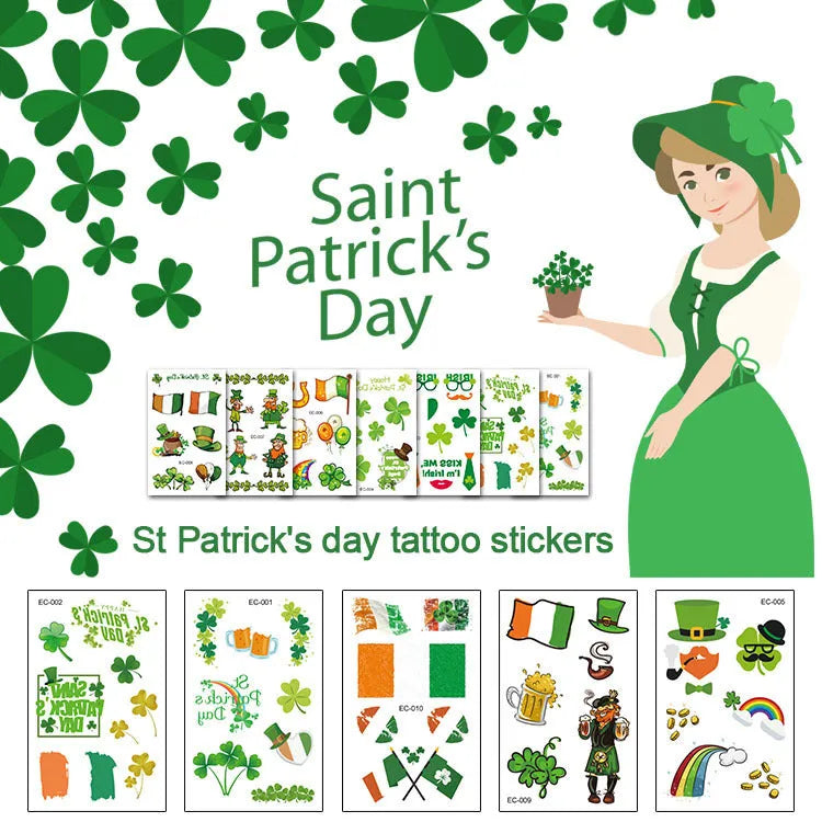 Single sheet of temporary tattoo sticker paper with Irish clover design, measuring 120mm by 75mm.