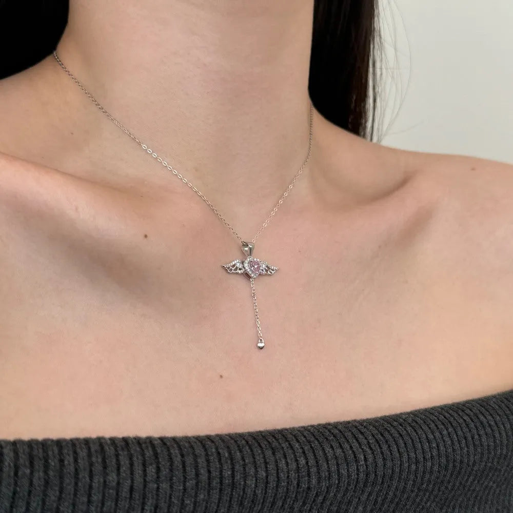 Fashion 925 silver necklace with heart-shaped wing and tassel pendant, platinum finish, 26x36mm