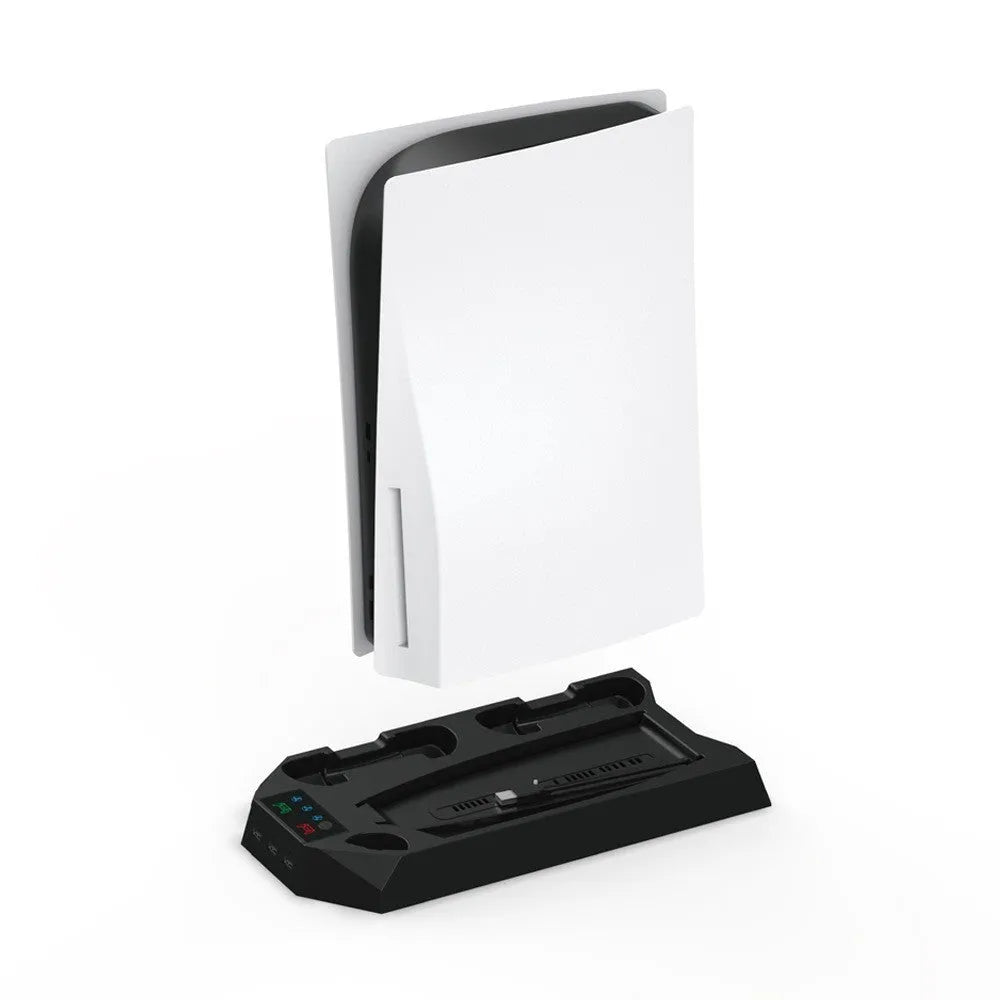 PS5 charging cooling station with controller storage slots and integrated fan in white or black