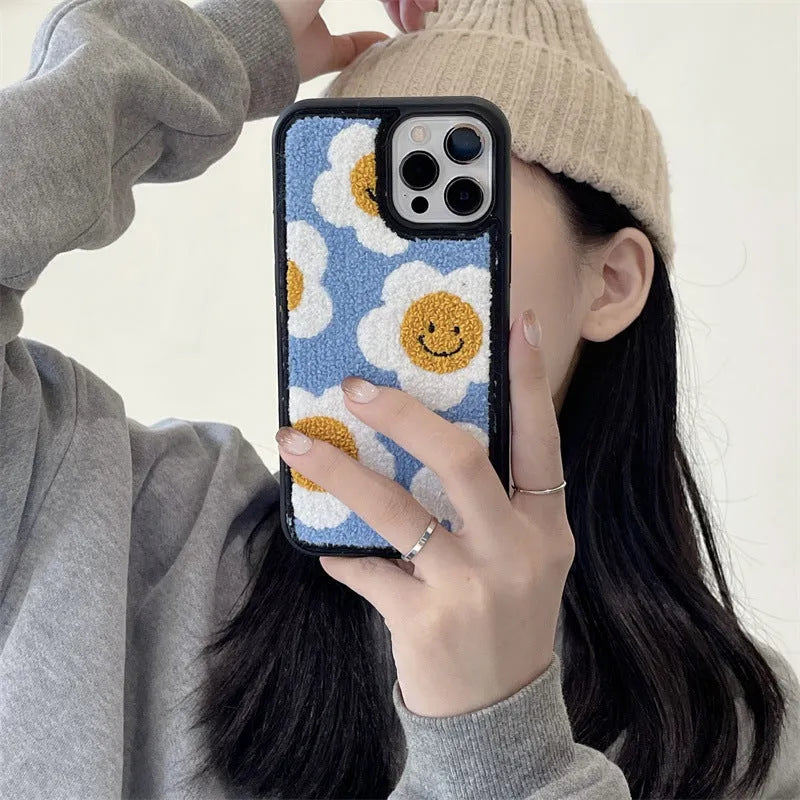 Blue towel embroidered sunflower smiley plush phone case for Apple iPhone with hard shell back cover