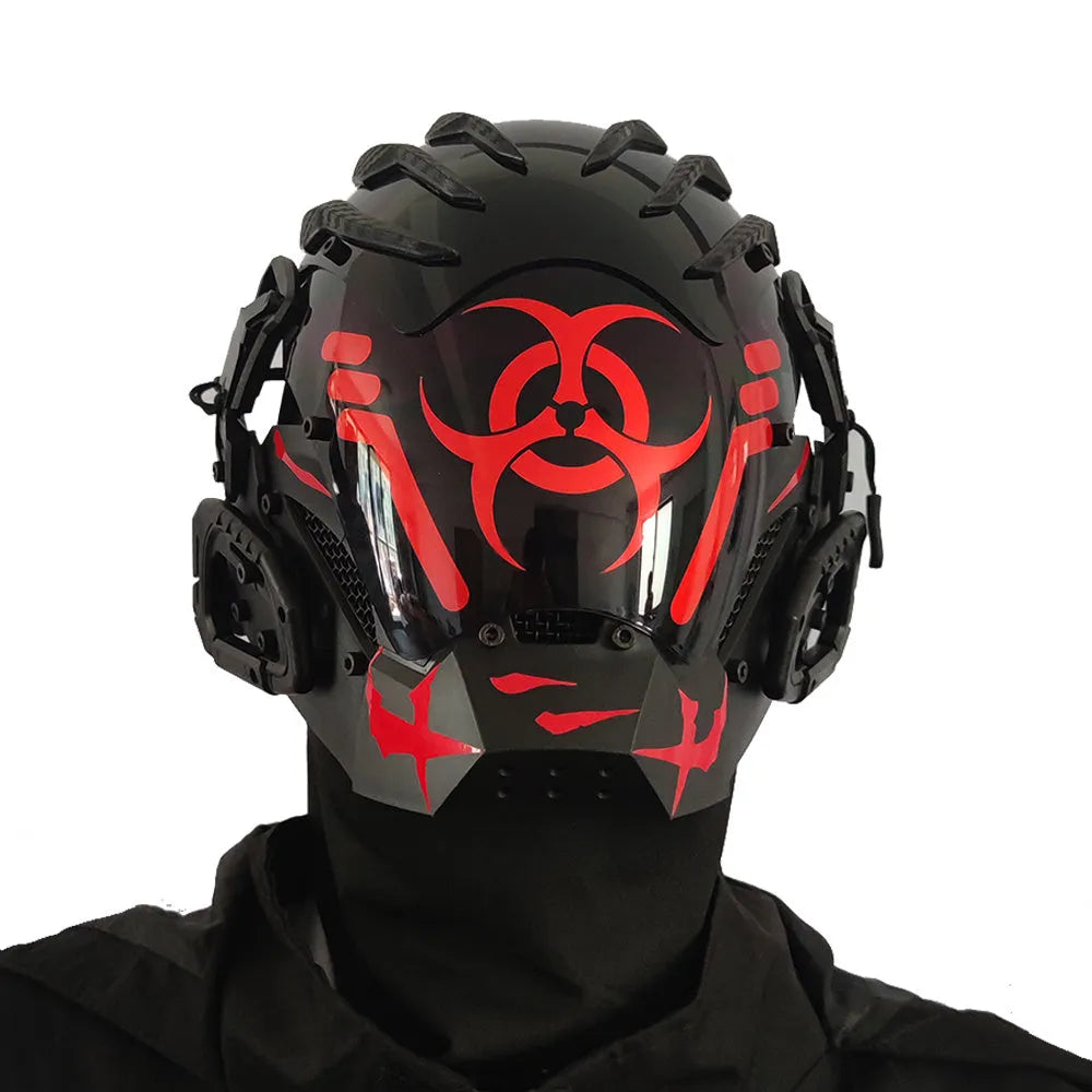 Black full face helmet prop with a bioweapon tech design for cosplay and parties.