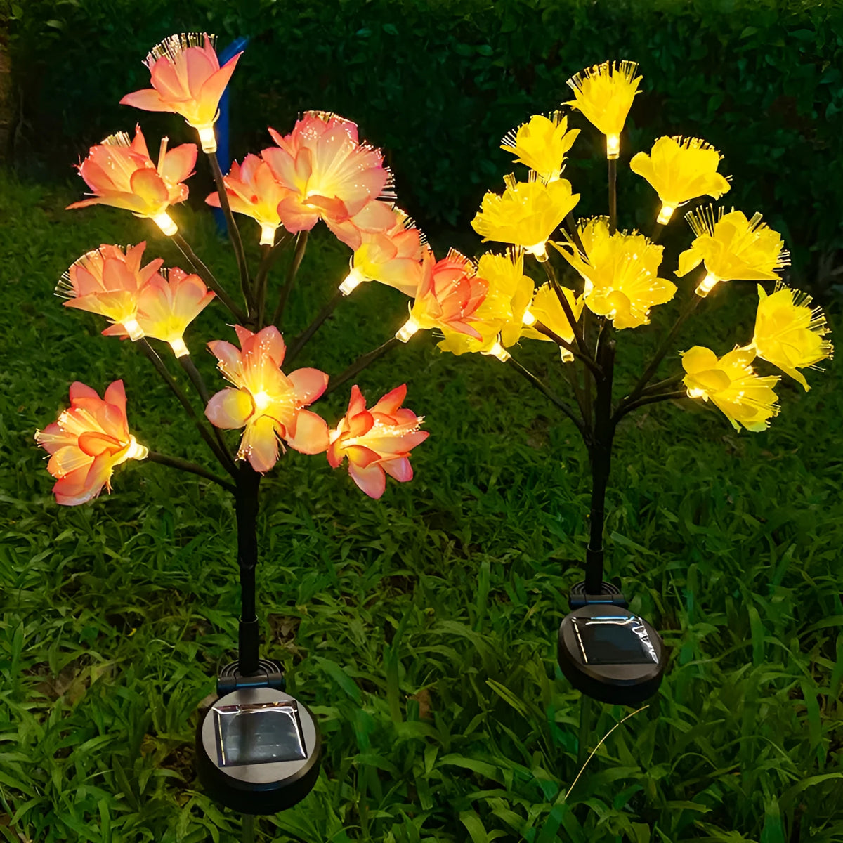 Solar LED camellia lawn lamp in pink or yellow, 720mm tall, IP65 outdoor garden light