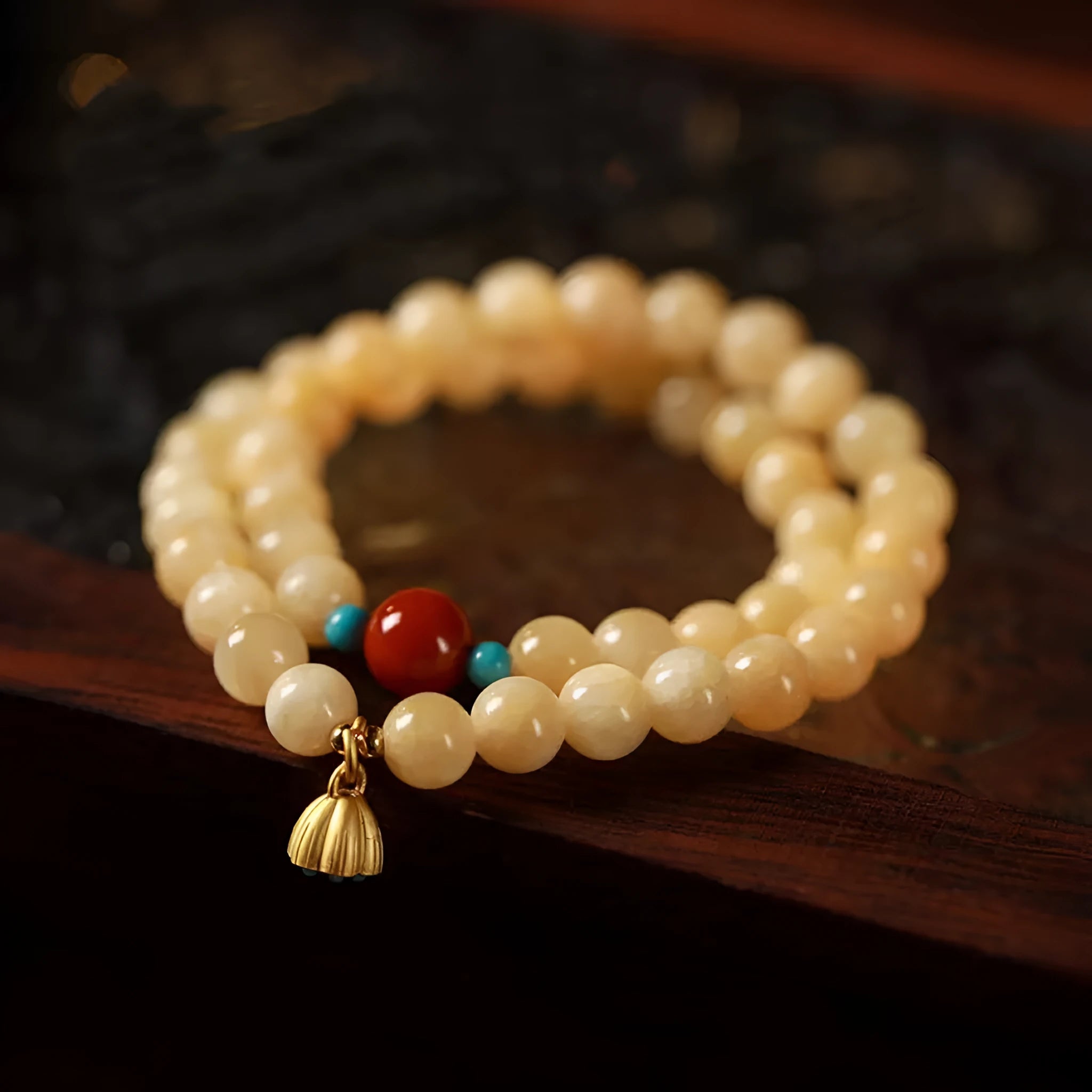 Yellow jade handmade double ring bracelet with lotus seedpod beads in 6mm and 8mm sizes