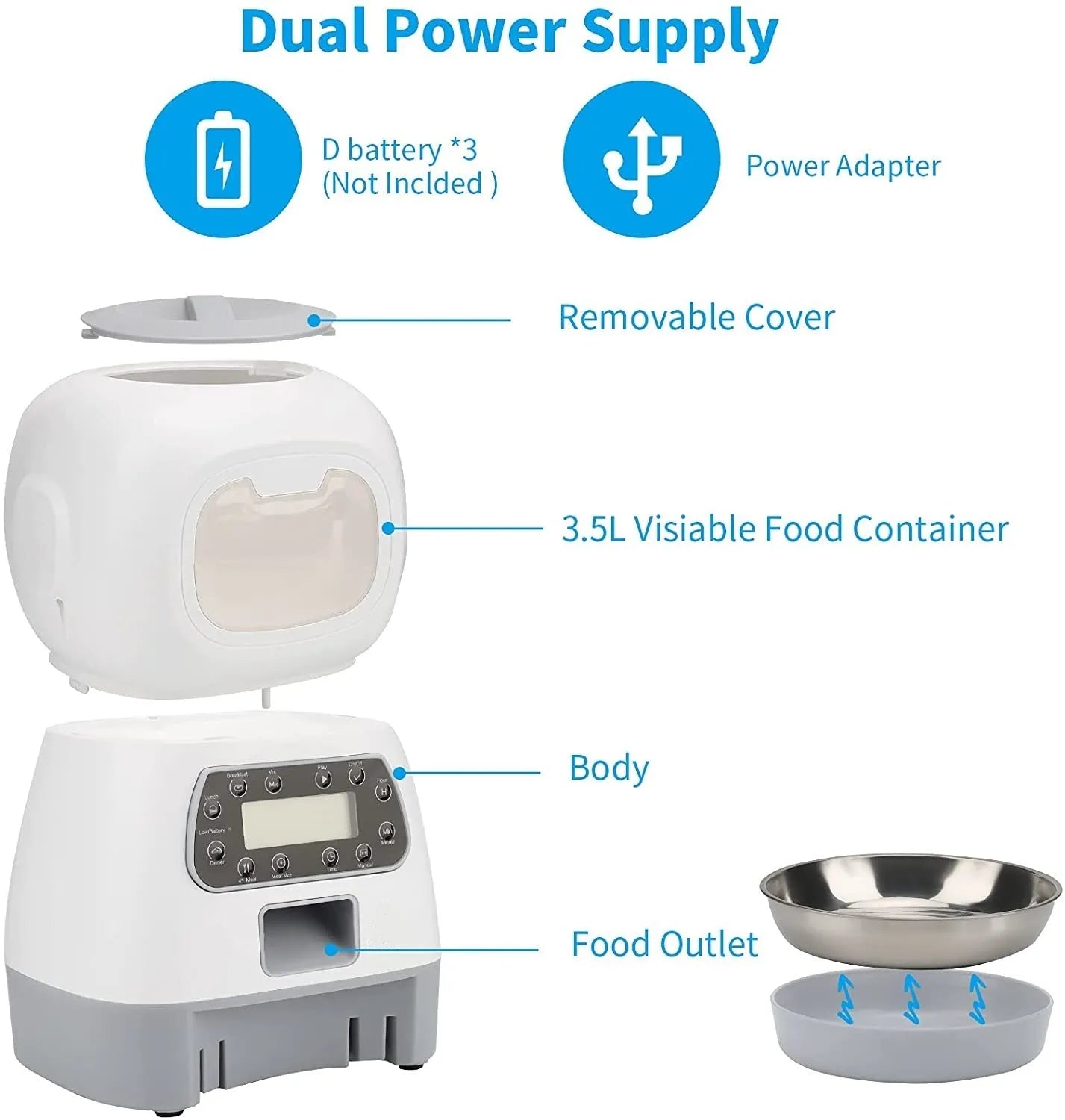 White ABS plastic pet automatic feeder with fixed point manual feeding on a countertop