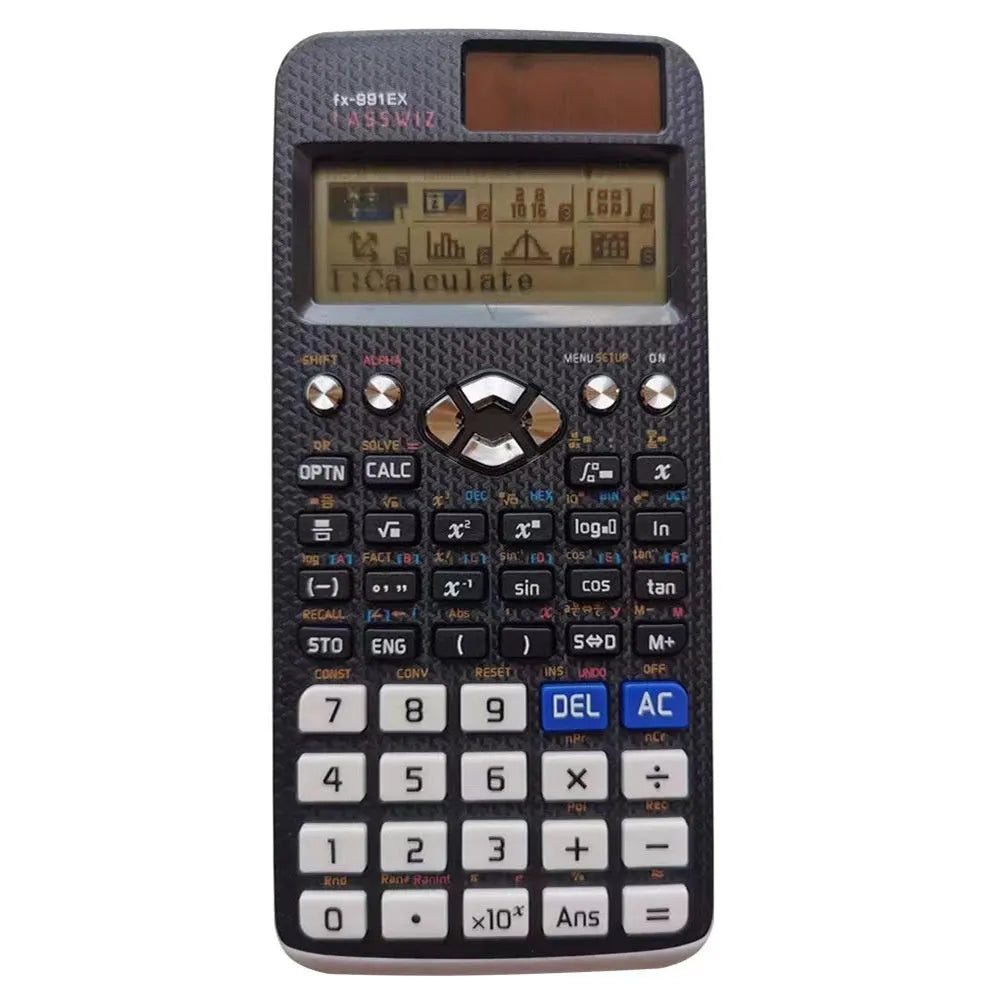 CASIO 991EX scientific calculator in black, blue, and pink colour options with solar panel