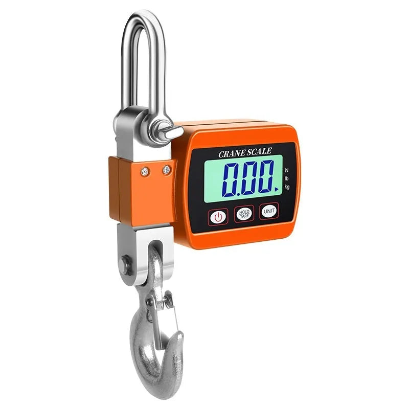 Electronic hook scale with digital display showing weight measurement, available in blue, orange, and white colours