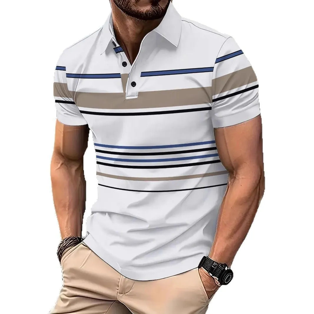 White men's striped short sleeve t-shirt with business casual slim fit design