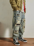 Men's loose straight tapered distressed broken holes jeans in light blue cotton, mid-waist, size 30
