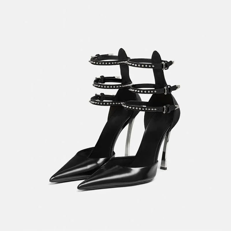 Pointed toe high heel single shoes with metal hollow belt buckle and wrapped toe, 6-8cm profiled heel