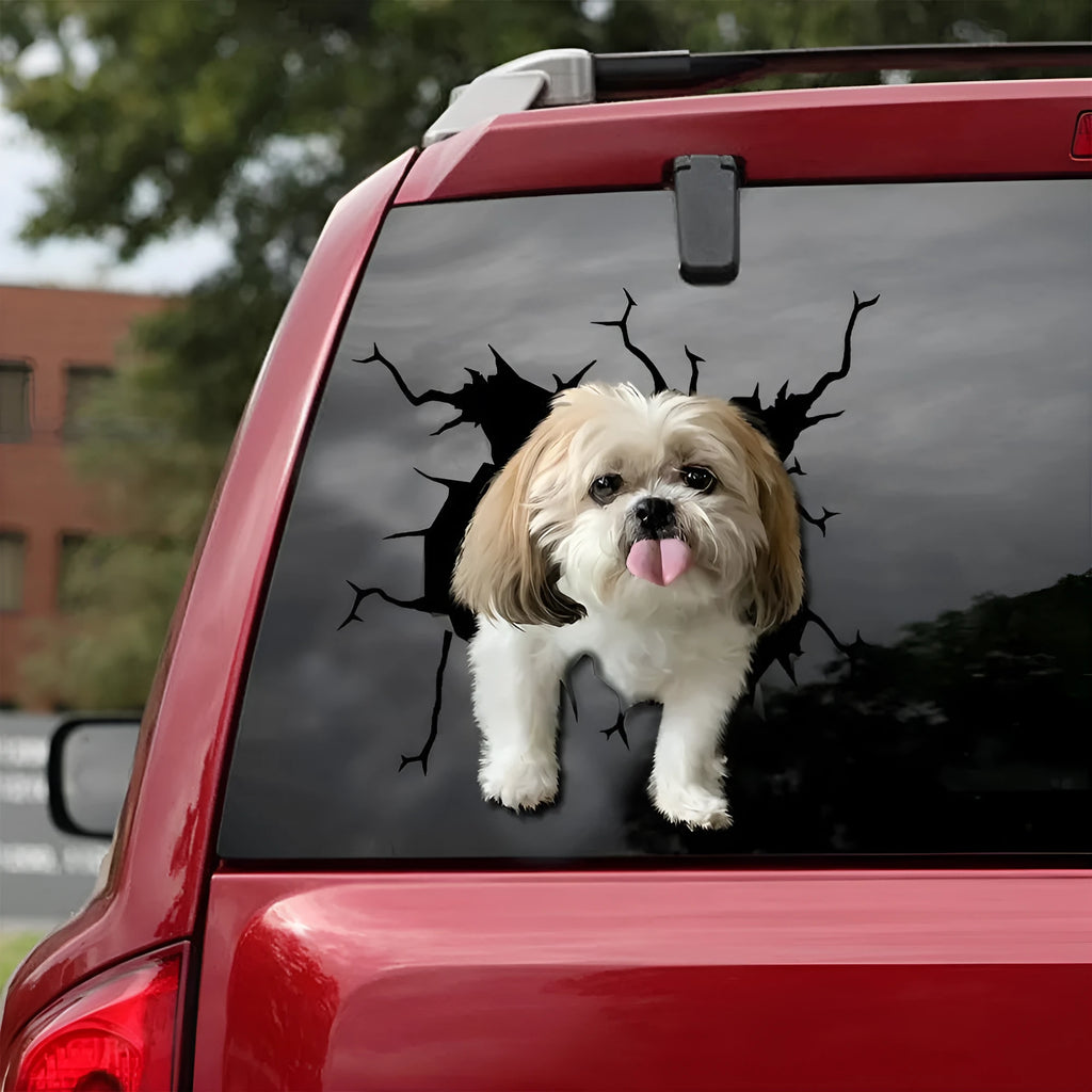 Tearing cartoon dog body reflective window sticker in three size options on glass