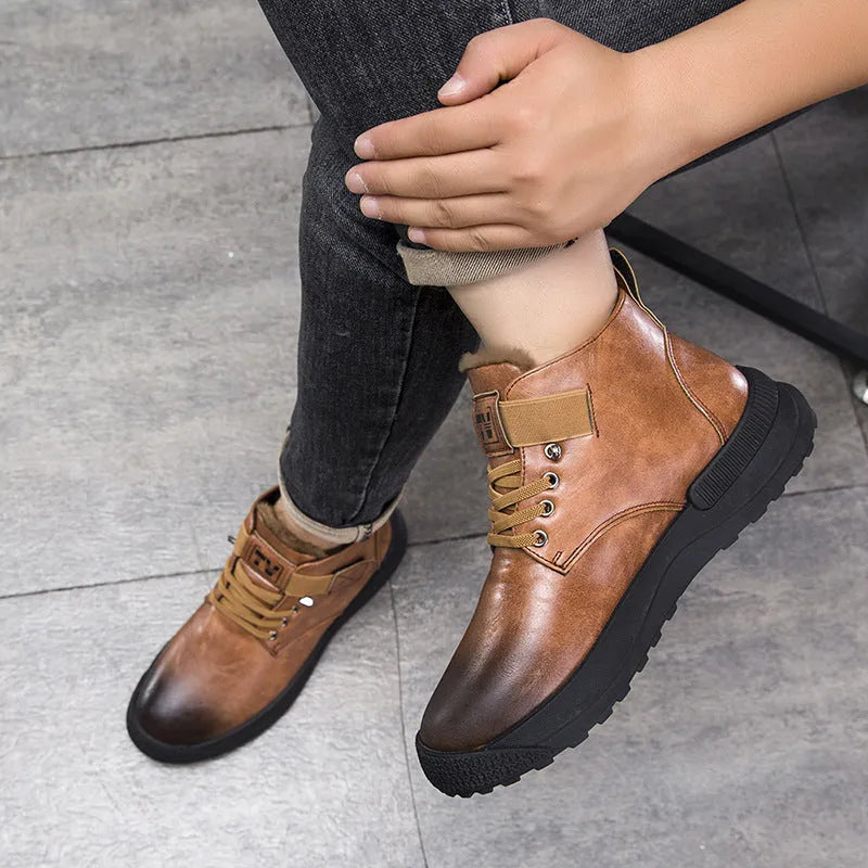Men's black and brown Martin high-top platform boots with artificial PU uppers and rubber soles