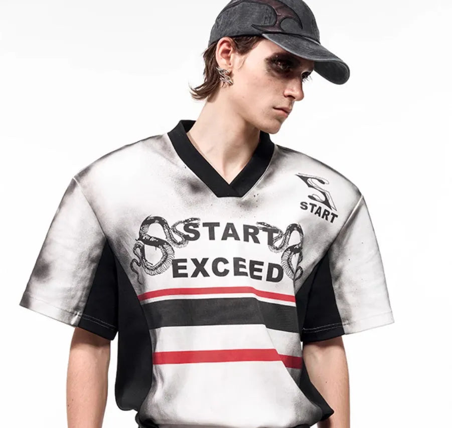 Women's V-neck short sleeve printed top with padded shoulders in Korean style