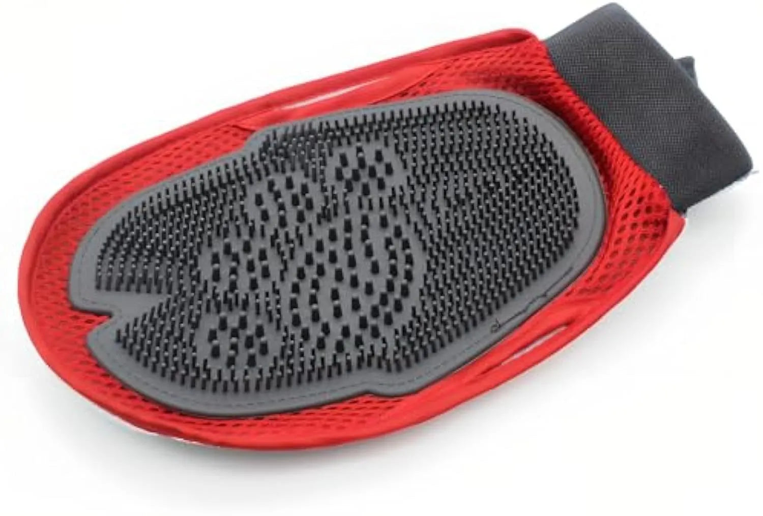 Red pet bathing glove with integrated grooming brush for dog and cat hair removal during bath time