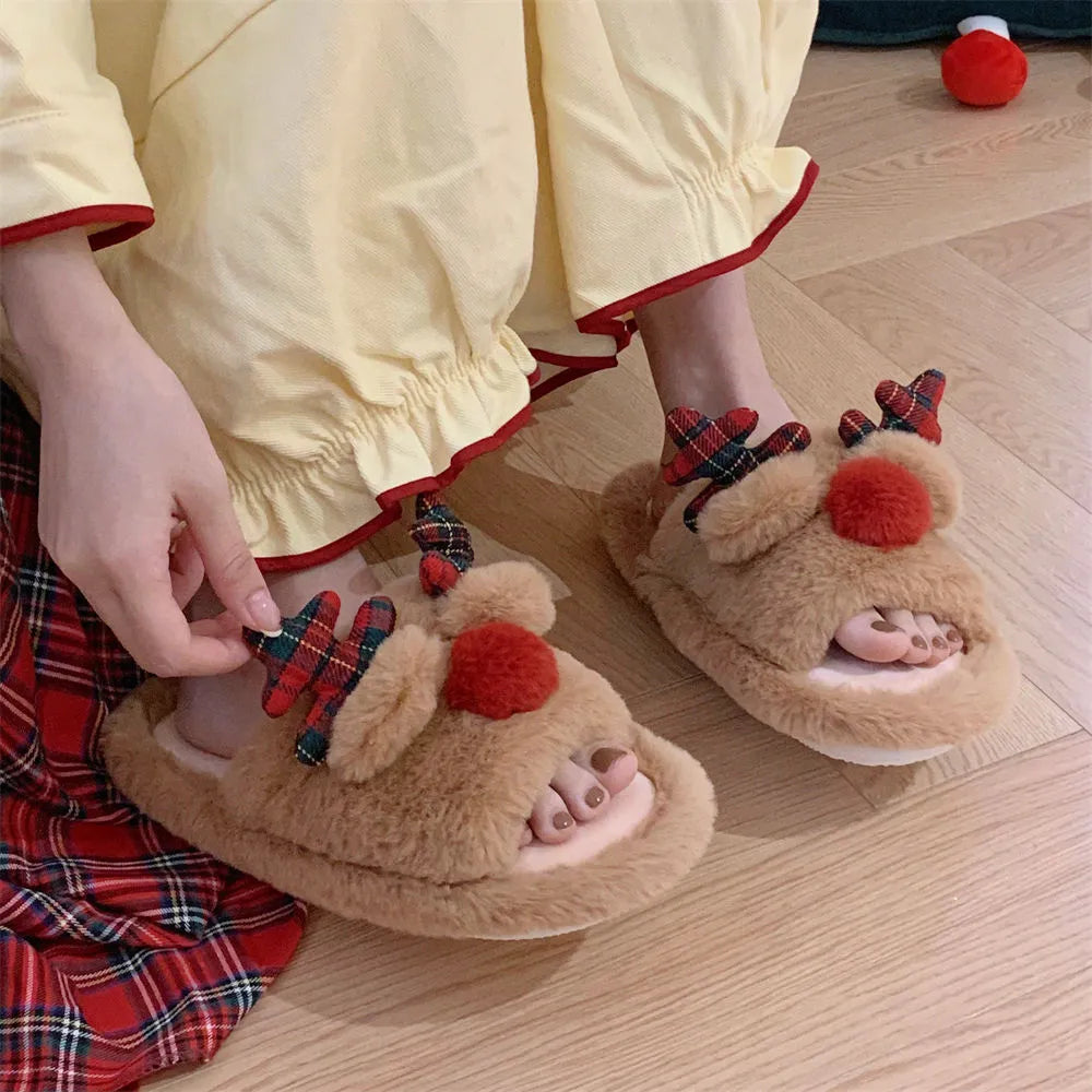 Brown women's fluffy cotton slippers with a deer cartoon design, suede upper, and PVC sole.