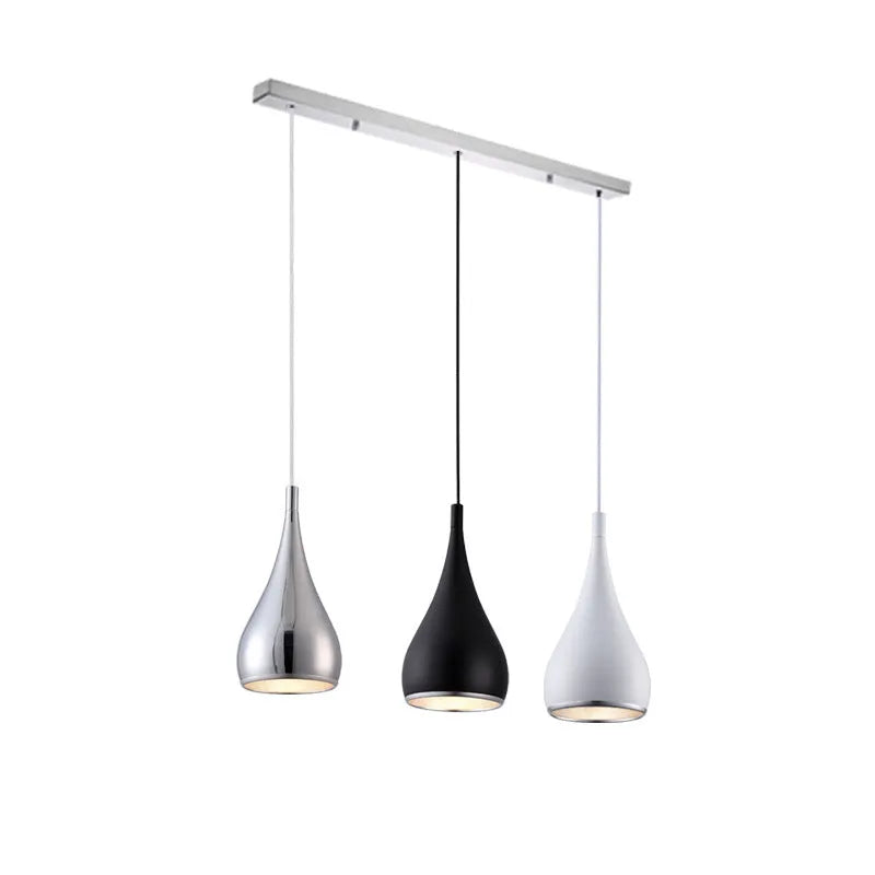 Minimalist iron pendant chandelier with single head or three-head disc and long plate options in black, white, or chrome finish.