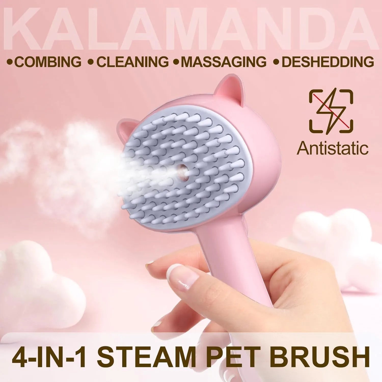 Blue pink yellow cat steam brush with ergonomic handle and rubber bristles for pet grooming