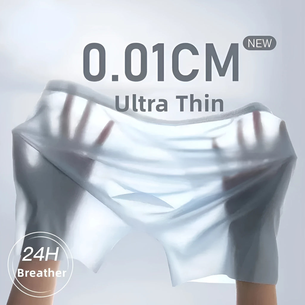 Mens ice silk seamless boxer shorts in black showing 3D pouch and lightweight fabric