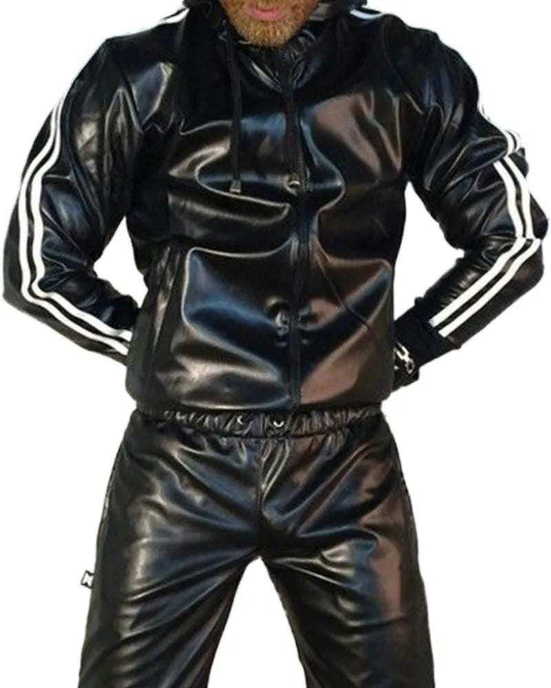 Men's black hooded PU leather sports jacket and matching trousers laid flat.